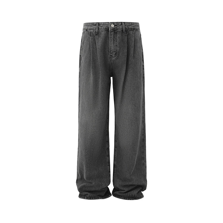 S8 No. 667 Wide-Leg Dark Gray Washed Denim Pants With Pleats