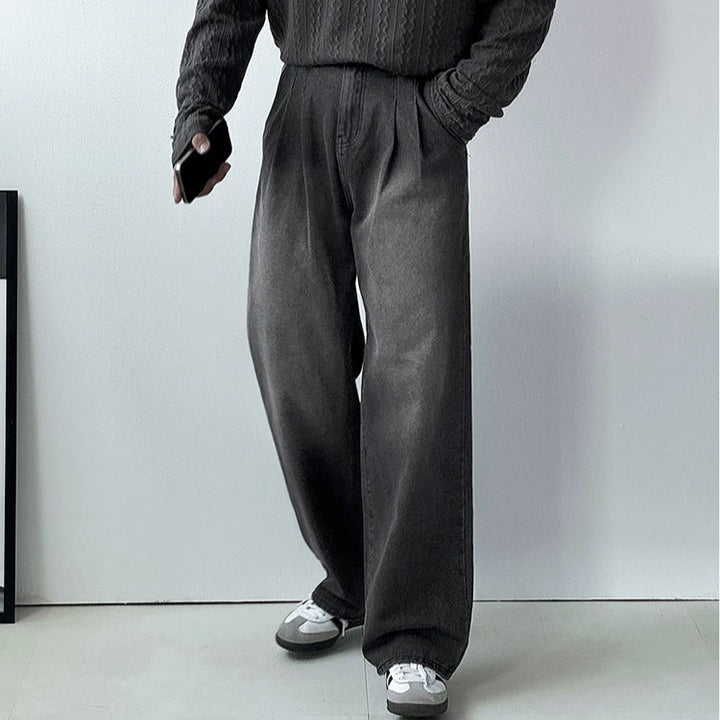 S8 No. 667 Wide-Leg Dark Gray Washed Denim Pants With Pleats