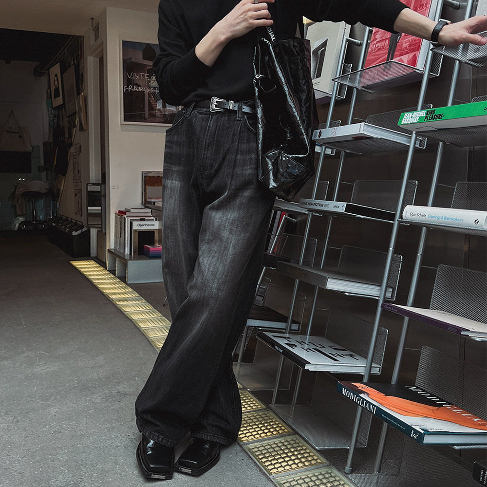 S8 No. 178 Washed Black Mop Style Wide Jeans