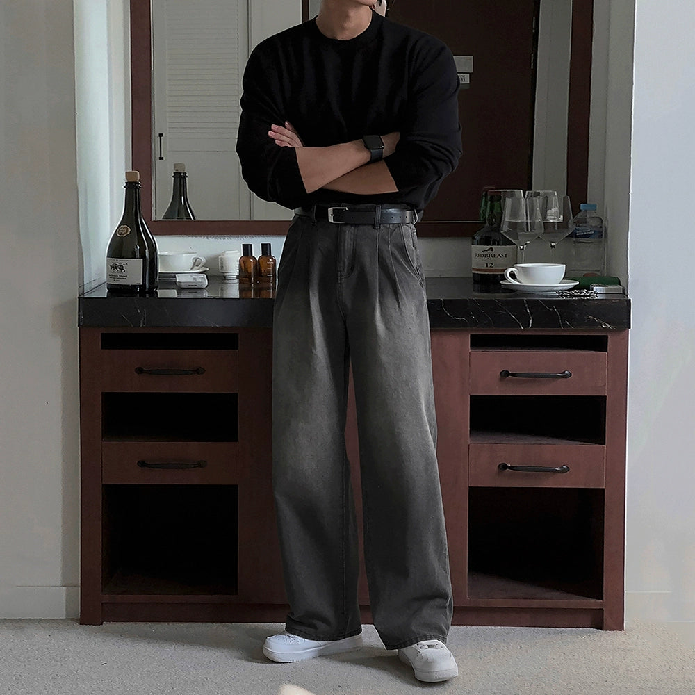 S8 No. 667 Wide-Leg Dark Gray Washed Denim Pants With Pleats