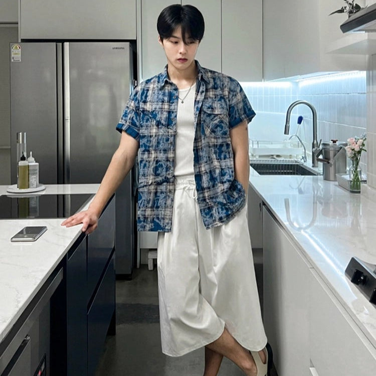 S8 No. 657 Bleach Dye Plaid Button-Up