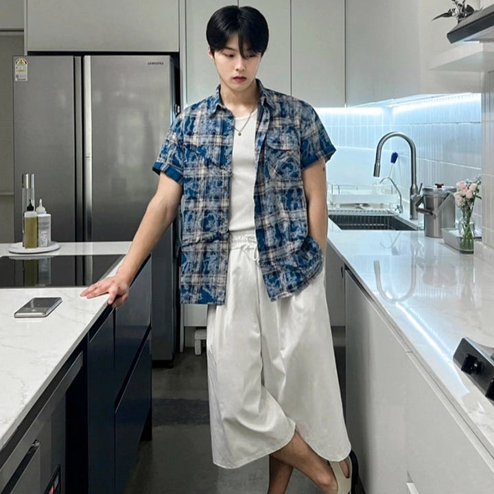 S8 No. 657 Bleach Dye Plaid Button-Up